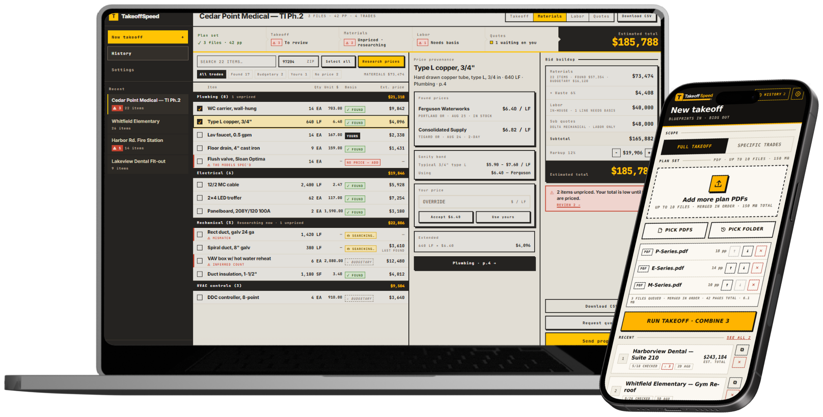 TakeoffSpeed on a laptop — materials pricing with the bid buildup rail — and on a phone, starting a new takeoff